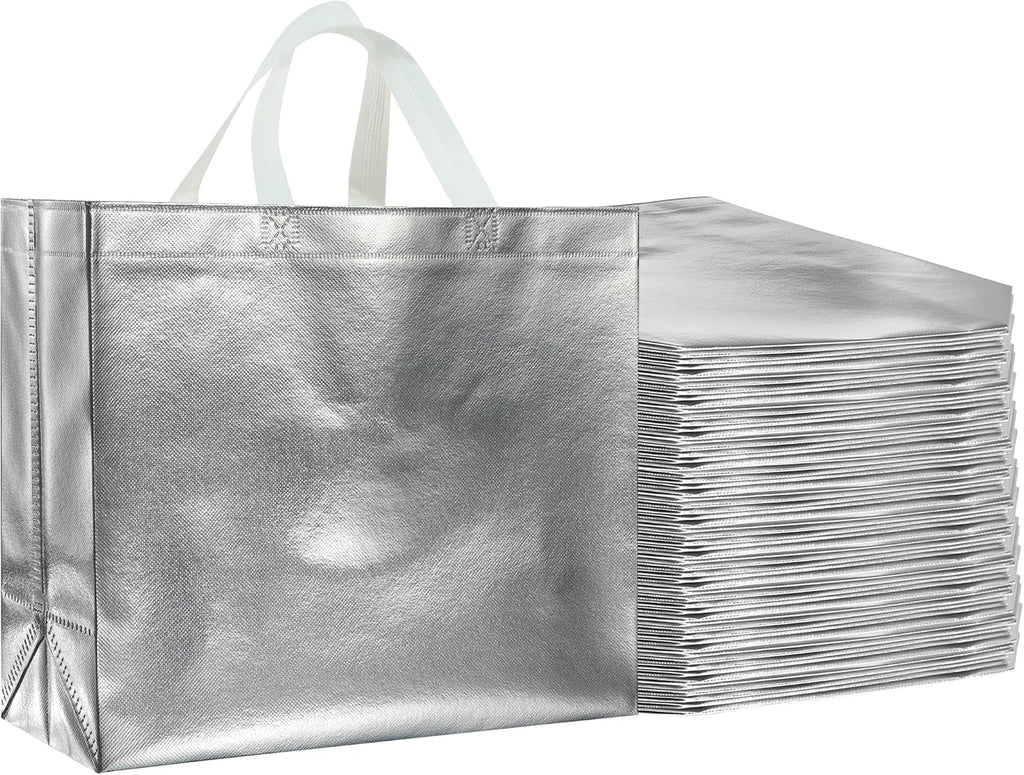 BLEWINDZ 60Pcs Reusable Gift Bags with White Handles - Large Tote Bags for Wedding, Shopping, Bachelorette Party Favors (Silver)