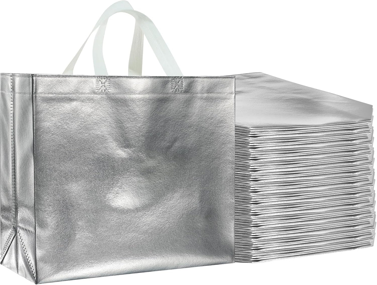 BLEWINDZ 60Pcs Reusable Gift Bags with White Handles - Large Tote Bags for Wedding, Shopping, Bachelorette Party Favors (Silver)