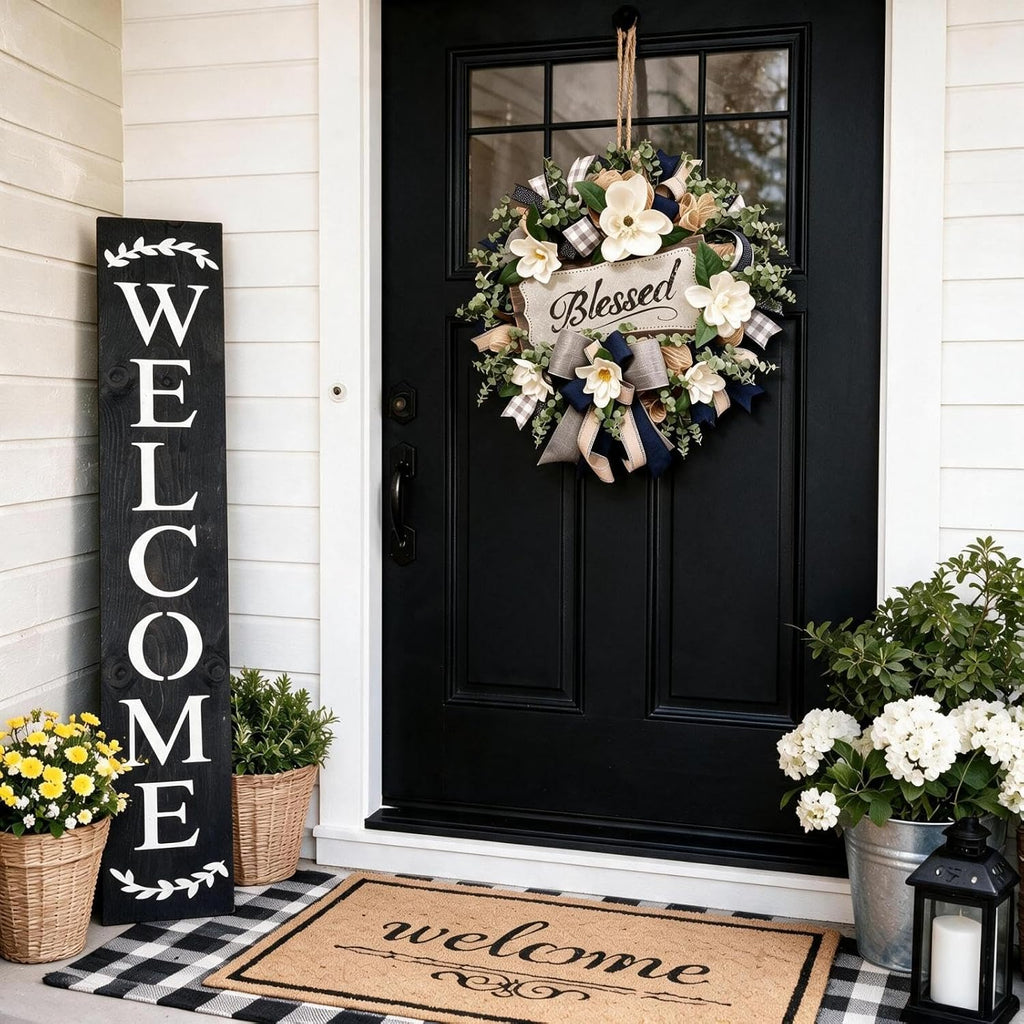 spring summer wreath for front door,farmhouse white floral showing dimensions