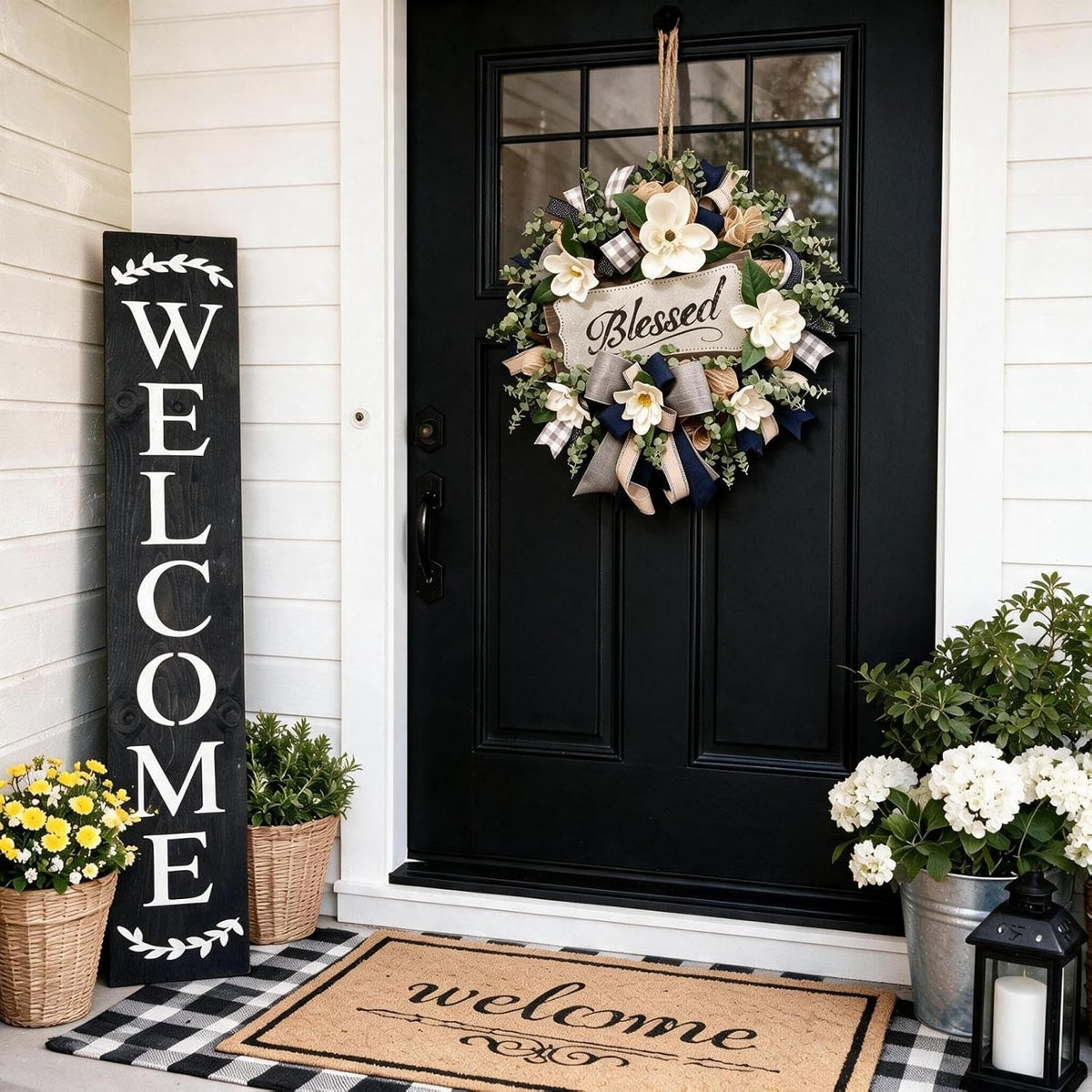 spring summer wreath for front door,farmhouse white floral showing dimensions