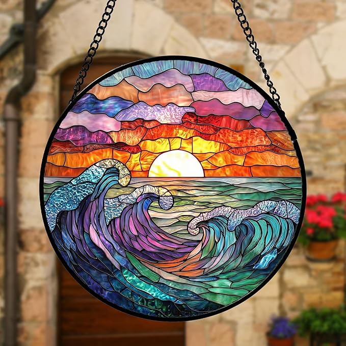 Stained Glass Window Hanging, Clouds and Sea Waves Suncatcher Diamond Glass Panel Hangings Scenery Sun Catchers Decor for Birthday for Women, Men, Wife, Aunt, and Mom 9.8 in