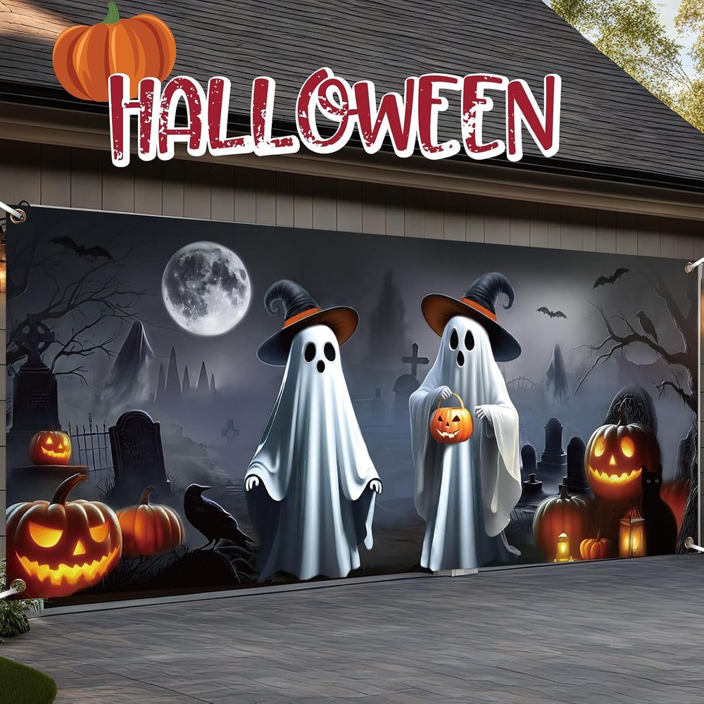Preboun Halloween Ghost Garage Door Cover Banner 7 X 16 ft Spooky Outdoor