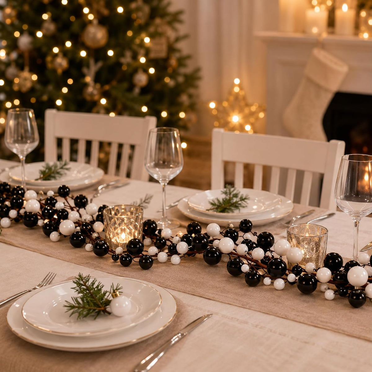 9ft Black White Christmas Ball Garland Ornaments, Gothic Xmas Tree Garland