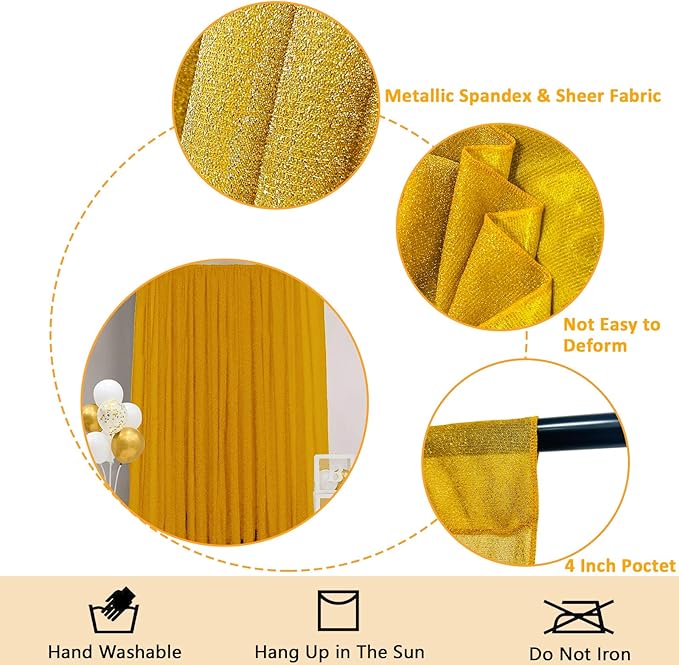10ft x10ft Gold Metallic Spandex Backdrop, 1 Panel Glitter Sheer Photography Background, Stretchy Spandex Fabric for Wedding, Party, Baby Shower, Photo Booth Decor