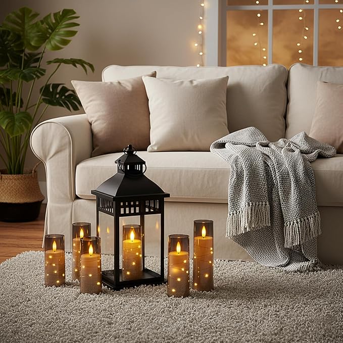 Raycare Flameless Candle with Remote Timer, 7 Flickering Acrylic Battery Operated LED Pillar Candles with Embedded Star String for Halloween, Home Decor, and as a Gift(Grey) (7 Pack)