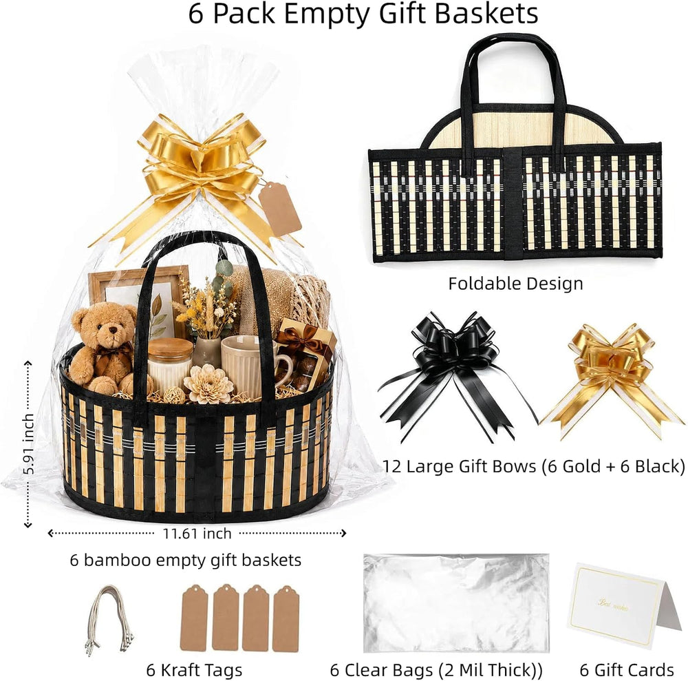 6 pack Bamboo Gift Basket Empty Bulk, Woven Basket for Gifts Empty, Black