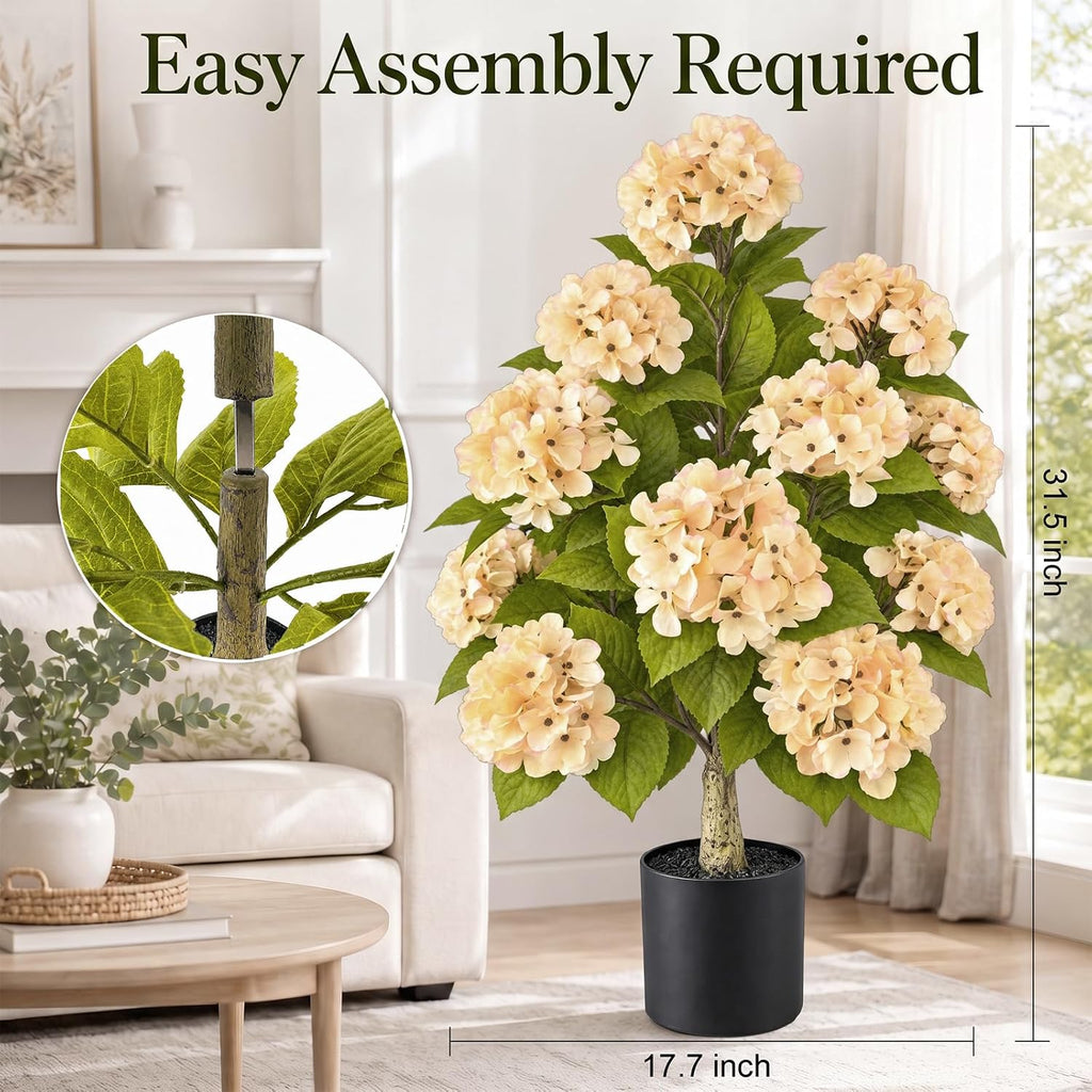 artificial hydrangea flowers tree in pot fall porch, side view