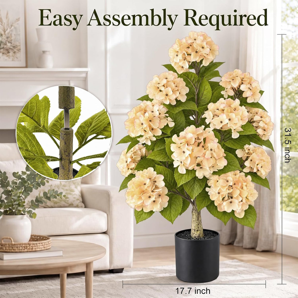 artificial hydrangea flowers tree in pot fall porch, side view