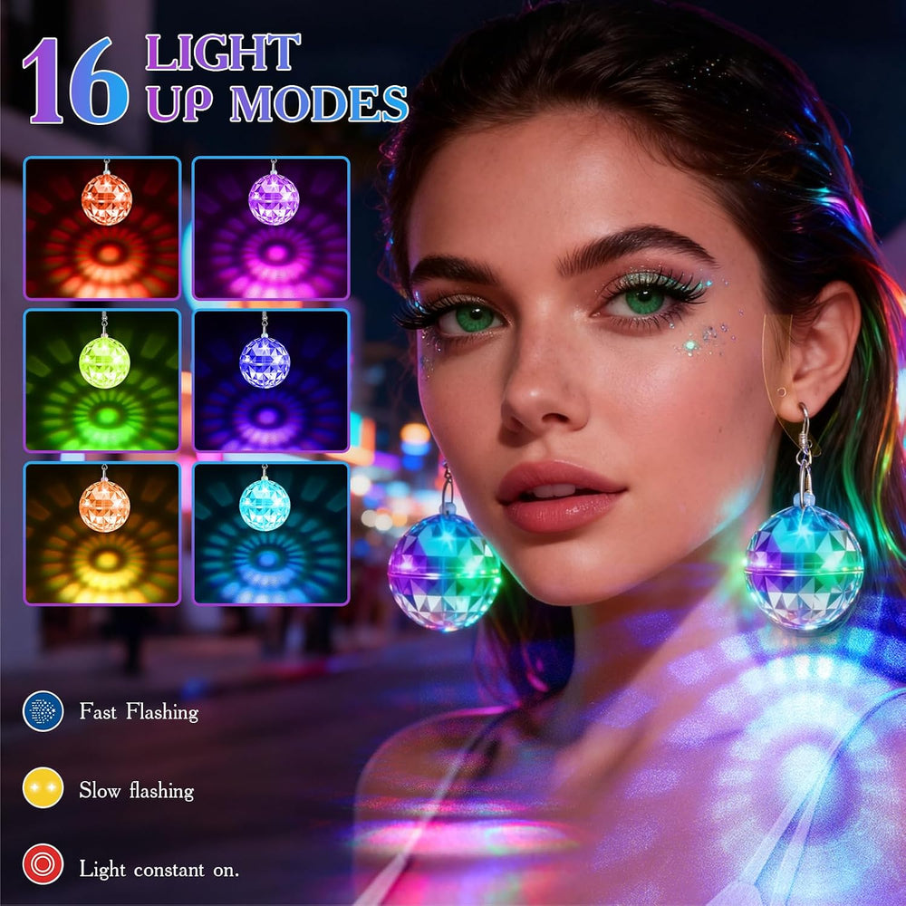 2 Pair Rechargeable Disco Ball Earrings 16 Light Modes, Light up Earrings 32m...