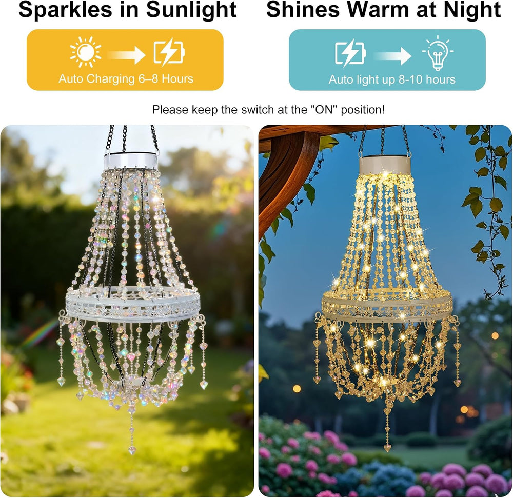 Solar Chandelier Outdoor, Crystal Hanging Solar Garden Lights Waterproof