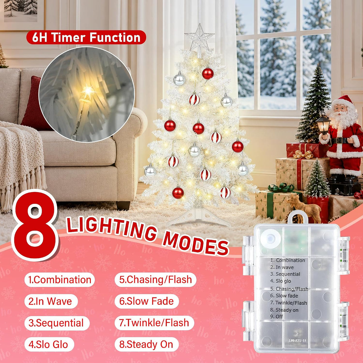 [timer & 8 modes] 3ft white christmas tree, side view