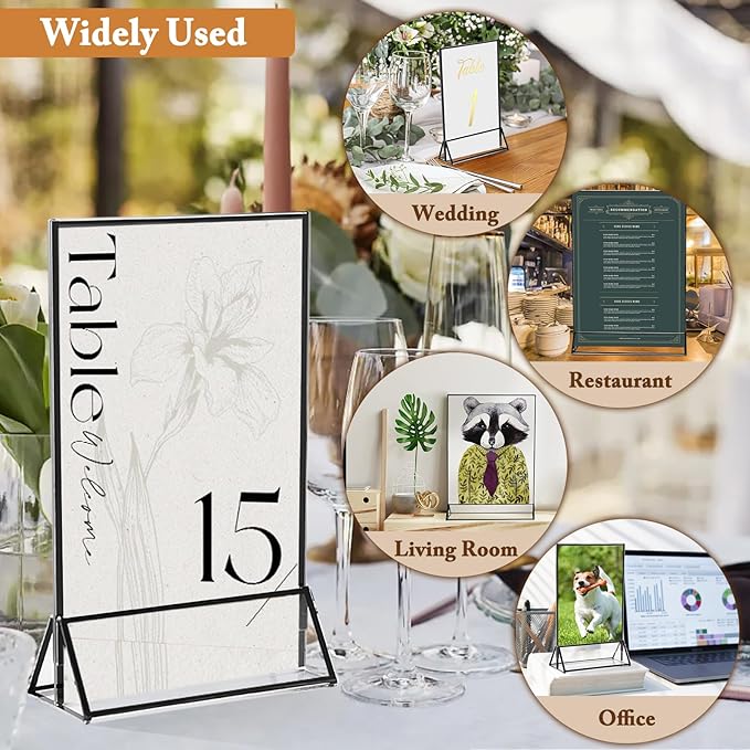 Floroom 12 Pack 4x6 Inch Clear Acrylic Sign Holders, Double-Sided Black Display Stand Picture Frames for Table Numbers, Menus, Flyers, Weddings, and Offices