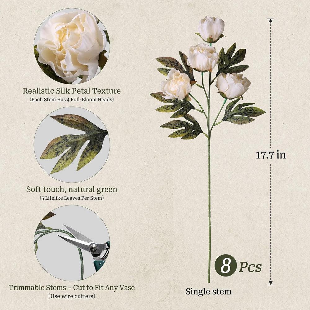 8 Pcs Peony Artificial Flowers, 18" Faux Silk Peonies for Indoor Vase