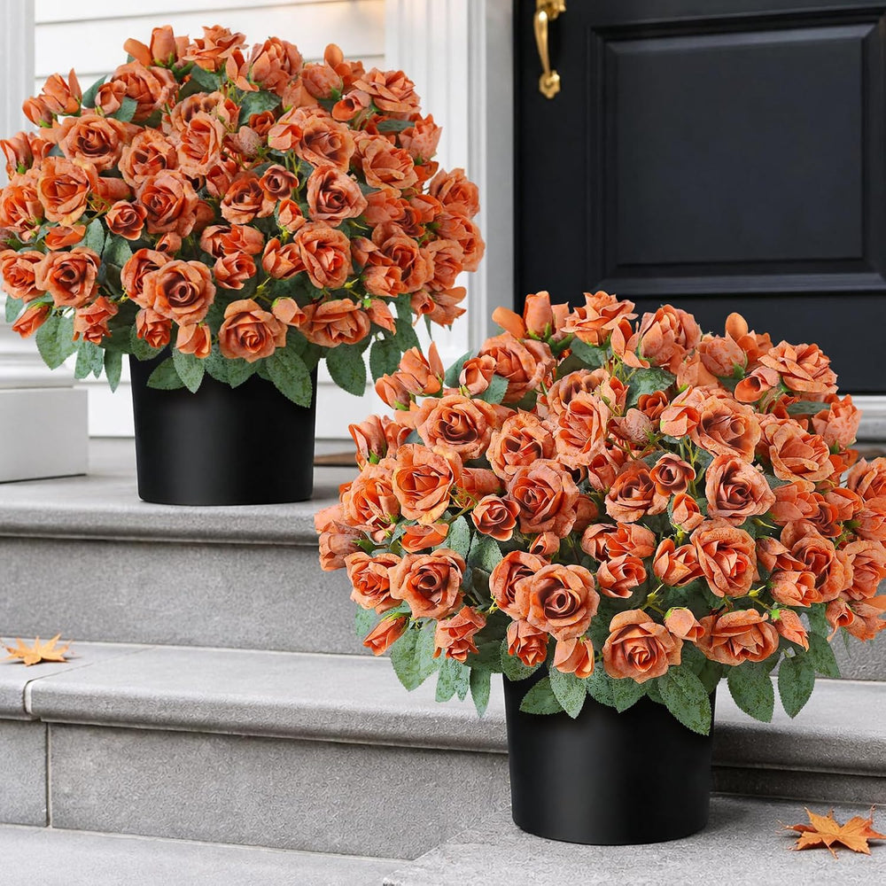 2Pcs Artificial Fall Rose Flower Topiary Tree for Front Porch Decor(Orange)