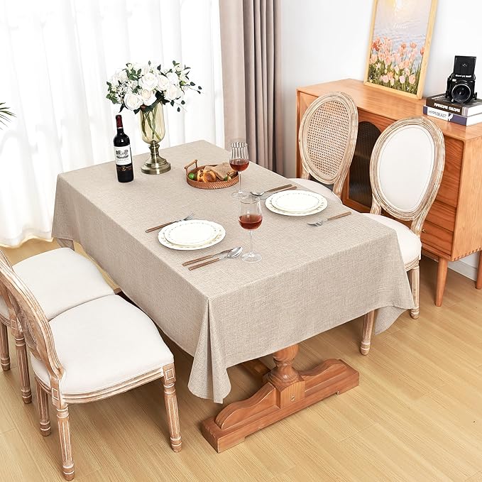 Fitable Faux Linen Beige Tablecloths for Rectangle Tables - 90 x 156 Inch - 6 Pack Fabric Textured Washable Table Clothes Floor Lenghth Table Covers for Wedding, Party, Banquet, Birthday