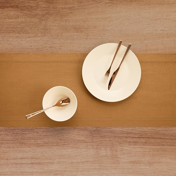 Solino Home Linen Brown Sugar Table Runner 108 Inches Long - 100% Pure Linen 14 x 108 Inch Table Runner for Fall, Autumn, Thanksgiving - Classic Hemstitch