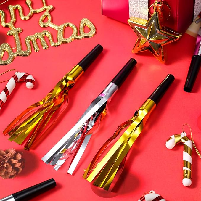 200 Pcs Party Blowers Noise Makers Party Horns Blowout Clappers Noisemakers for Halloween Christmas Birthday Sporting Party New Year's Eve Party Supplies 2025(Black Gold, Black Silver)