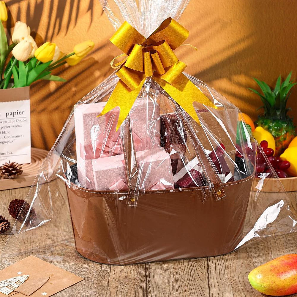 Wonderjune Empty Baskets for Gift Leather Thanksgiving Gift Bags, Brown