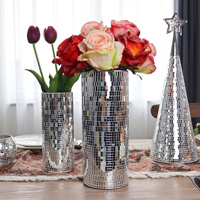 WDHODEC Disco Vase for Flowers 2 PCS Glass Mirror Vases for Living Room, Dining Room Centerpieces, Wedding Office Decorative Display Fresh Flowers, Candles, Or Seasonal Decorations