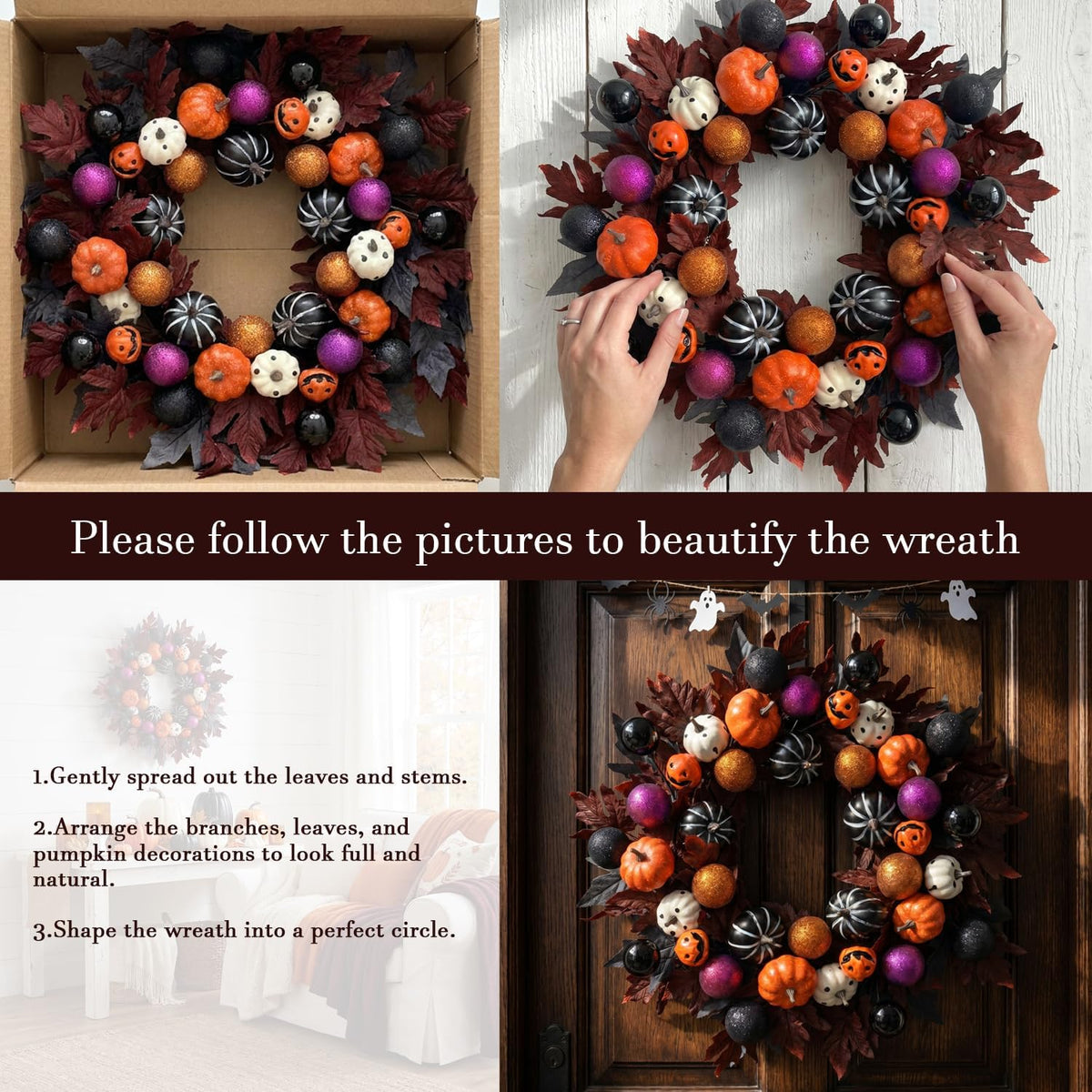 Halloween Ball Wreath for Front Door, 24" Pumpkin Fall Door Wreath