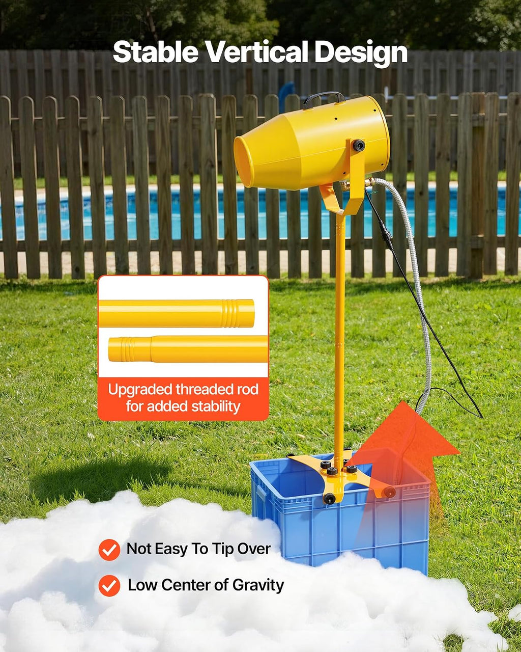 vevor foam machine, 9.84 to 16.40 ft spray showing dimensions