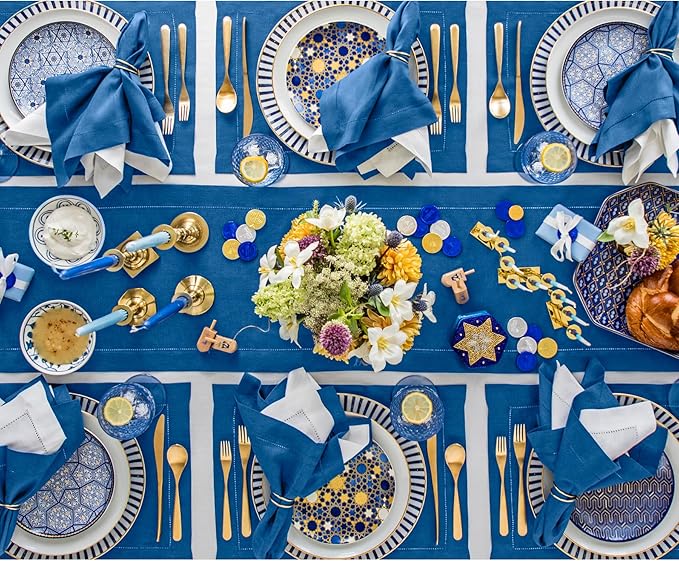 Solino Home Linen Indigo Blue Table Runner 132 Inches Long - 100% Pure Linen Extra Long Table Runner 14 x 132 Inch for Fall, Autumn - Classic Hemstitch