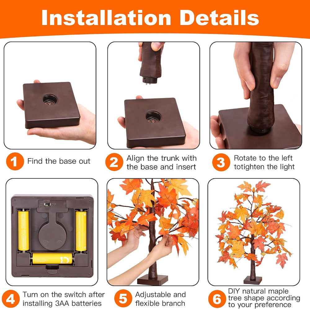 2 Pack 24 Inch Fall Maple Tree with 48LED Thanksgiving Table Decorations Batt...
