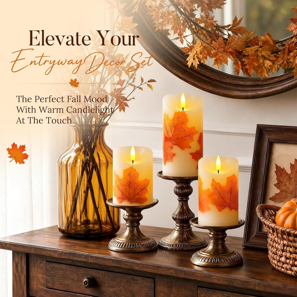 Raycare Maple Leaf Real Wax Flameless LED Pillar Candles with Timer Remote