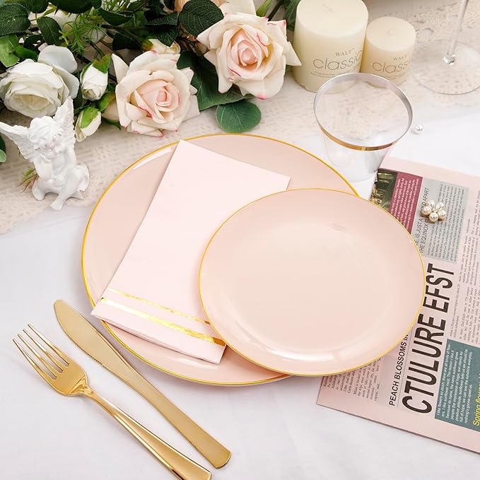 NOCCUR 350PCS Pink and Gold Plastic Plates - Pink Disposable Plastic Dinnerware Set for 50 Guests Include 50 Dinner Plates,50 Dessert Plates,150 Gold Cutlery,50 Cups&50 Napkins for Party&Wedding