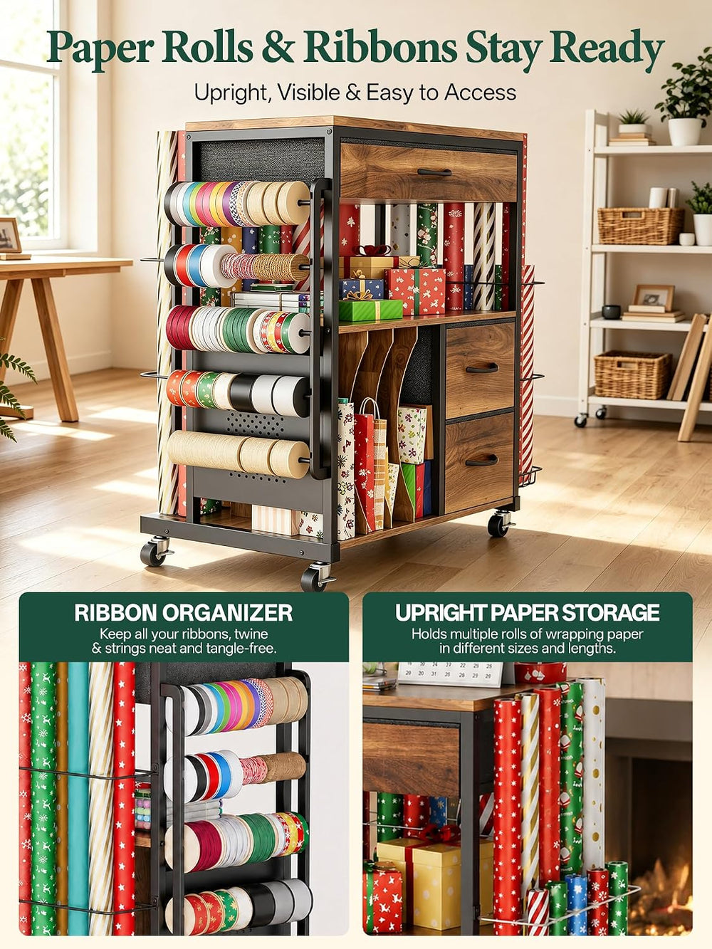 MAX Wrapping Paper Storage Cart, Up to 30 Rolls, Wood Grain