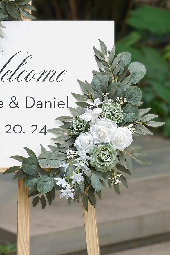 2-Pack Sage Green & White Wedding Flower Swag Set, Large: 35.43"L x 14.56"W, Small: 24.80"L x 12.99"W, Artificial Flowers for Wedding Arch, Ceremony, Table Centerpieces, Wall Hanging