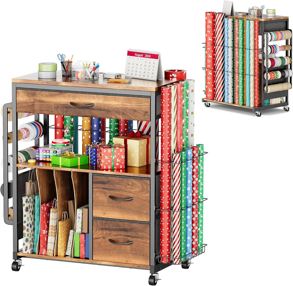 MAX Wrapping Paper Storage Cart, Up to 30 Rolls, Wood Grain