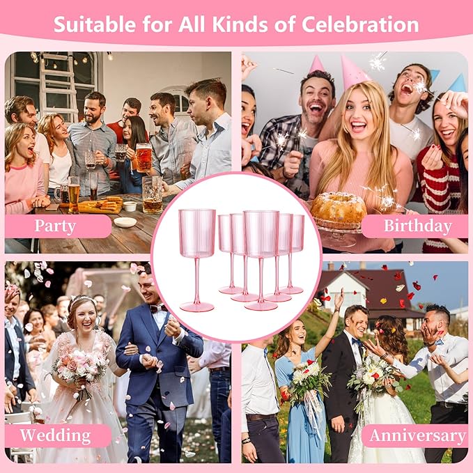 Ciaell 12 PCS Pink Plastic Ribbed Wine Glasses - 10 OZ Plastic Square Wine Glasses with Stem - Disposable Champagne Cups for Parties & Weddings & Party