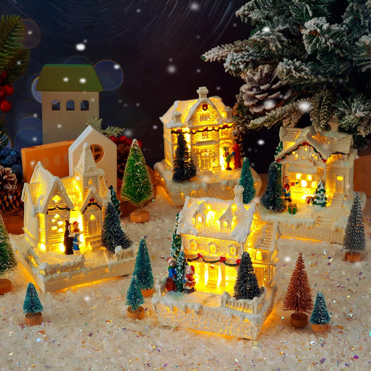 Tuanse 15 Pcs Christmas Village Set, 4 LED Houses 10 Trees Snow,Elegant