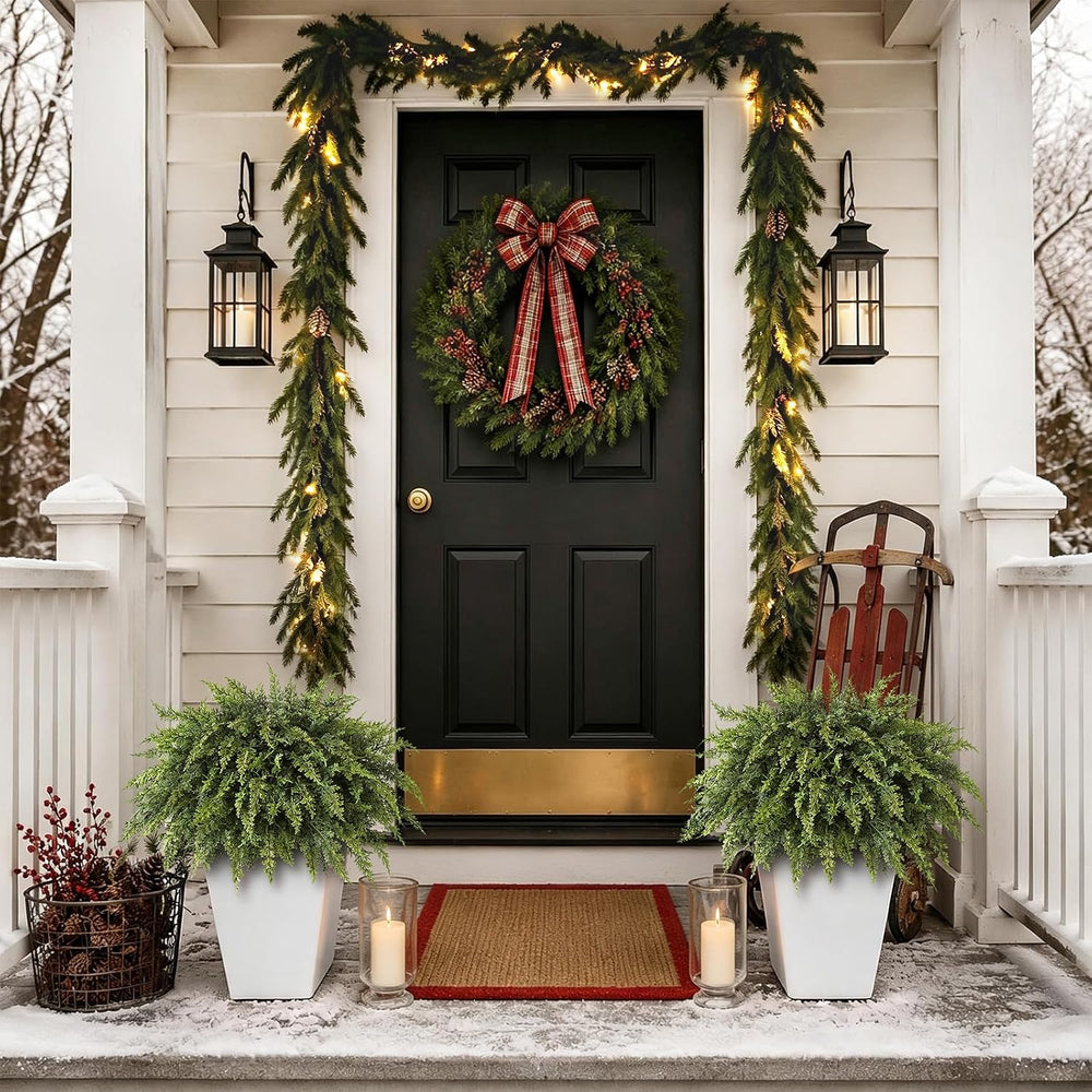 2Pcs Artificial Cedar Potted Plant Christmas Greenery for Front Porch Decor