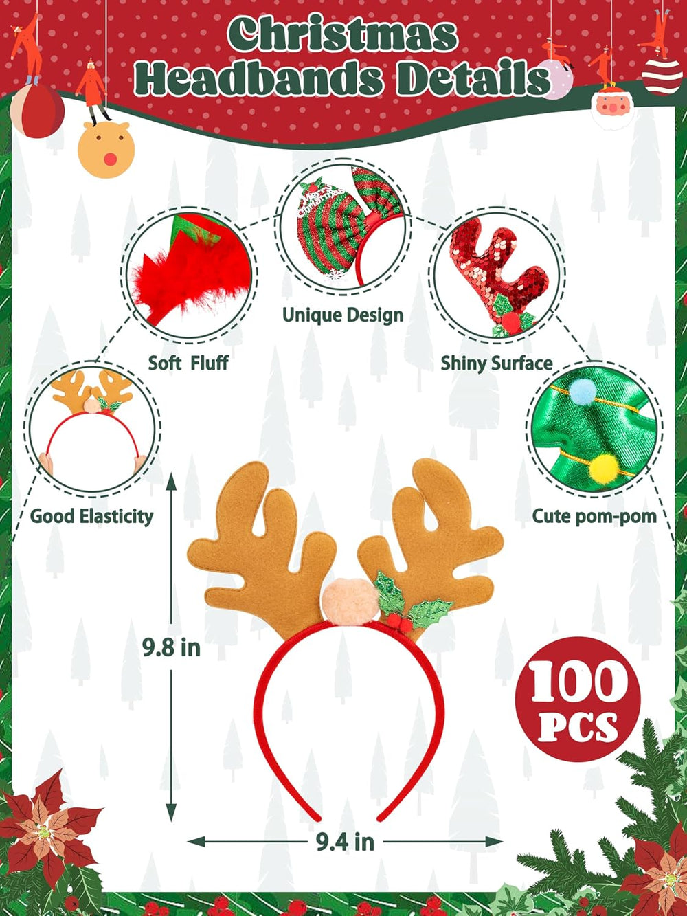 100 Pcs Christmas Headband, Christmas Headbands for Women Xmas Headbands for ...