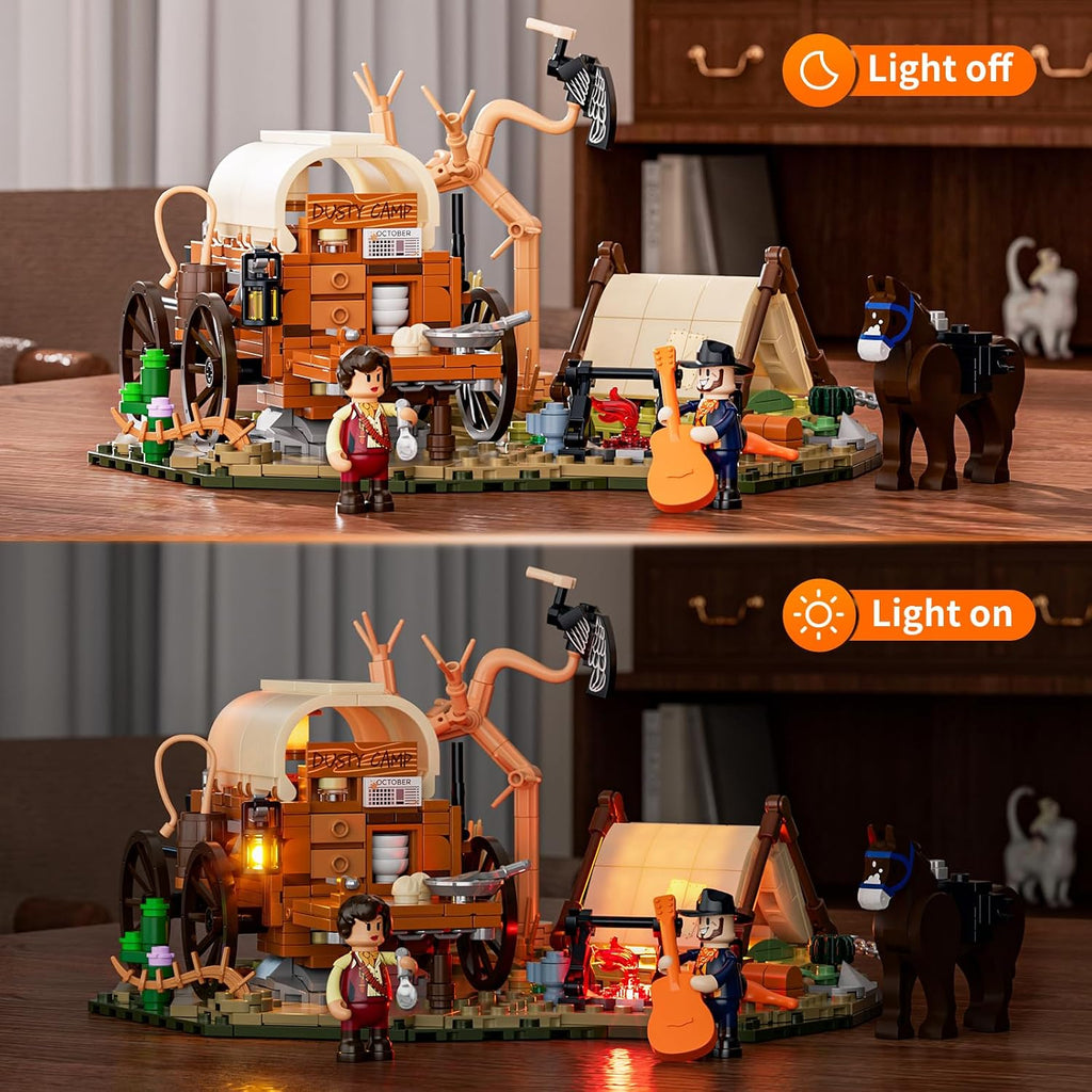 lumibricks cowboy camp lighting building-bricks set, 542 pcs shown in use