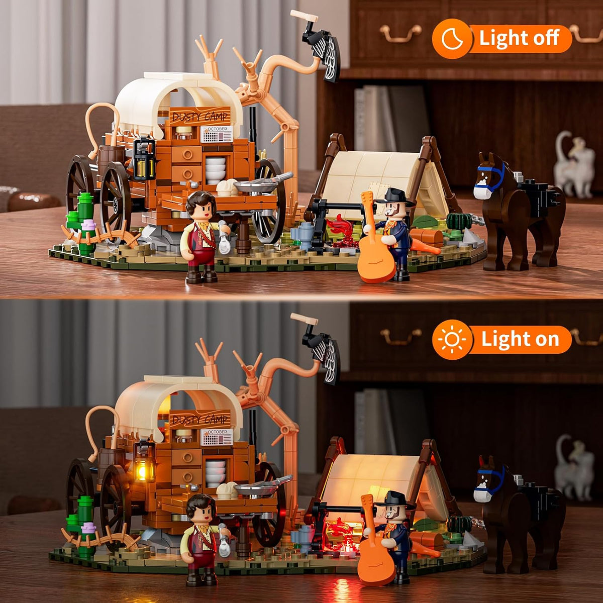 lumibricks cowboy camp lighting building-bricks set, 542 pcs shown in use