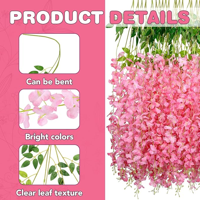 Wisteria Hanging Flowers,Fake Hanging Flowers Wisteria artificiales Garland for Home Wedding Arch Floral Party Garden Ceremony Outdoor Decor,3.6 feet Long(36,Pink) (36 Pack)