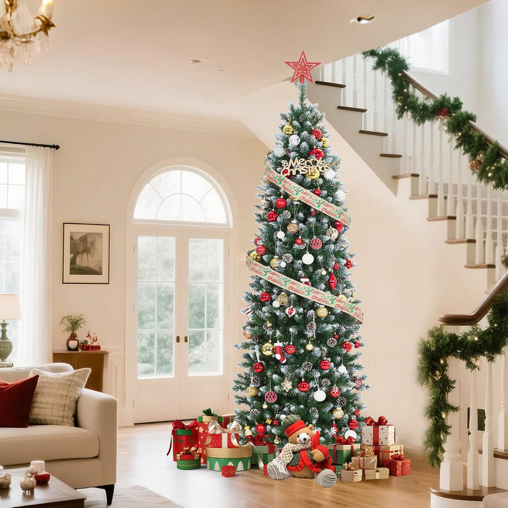 GarveeHome 12 ft Pencil Christmas Tree Pre-lit Slim Holiday Decoration, Skinn...