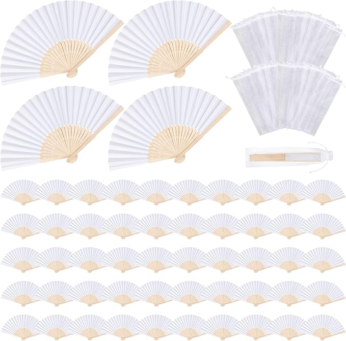 MCEAST 60 Pieces Wedding Handheld Paper Fans White Bamboo Folding Paper Fans with 60 Organza Bags Foldable Cool Wedding Favors Wedding Fans for Guests Party Favors DIY Decoration