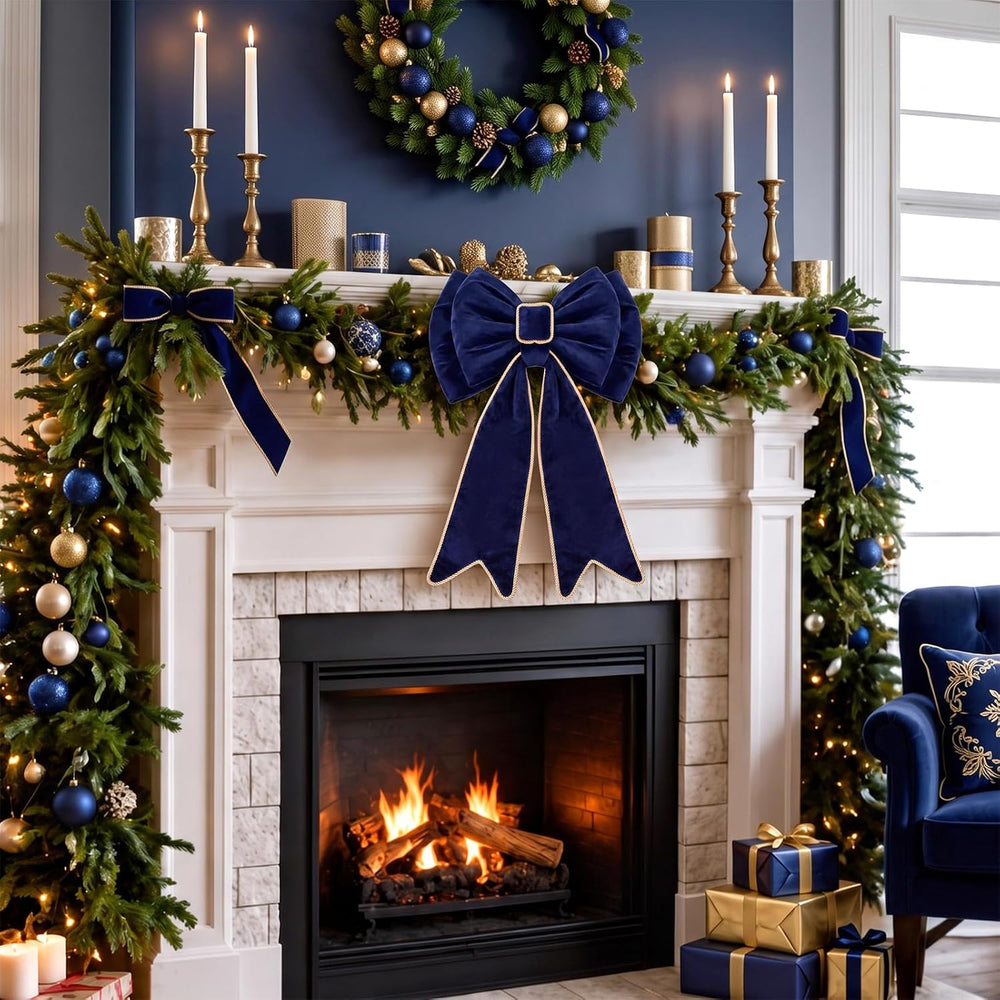 30'' Navy Blue Christmas Tree Topper Velvet Bows Decor with Gold Trim