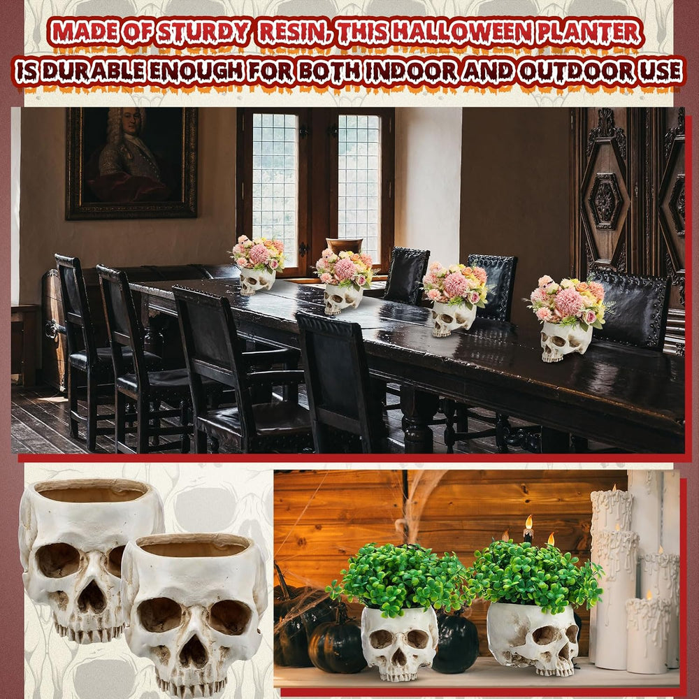 2 Pack Halloween Skull Planter, Antique White, Classic