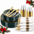 175PCS Green Plastic Plates - Green and Gold Disposable Plates 25Guests Plastic Christmas Plates with Rolled Napkins for Birthday/Christmas