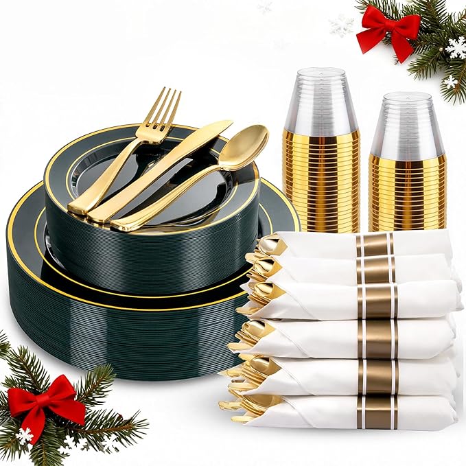 175PCS Green Plastic Plates - Green and Gold Disposable Plates 25Guests Plastic Christmas Plates with Rolled Napkins for Birthday/Christmas