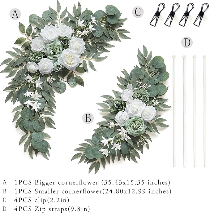 2-Pack Sage Green & White Wedding Flower Swag Set, Large: 35.43"L x 14.56"W, Small: 24.80"L x 12.99"W, Artificial Flowers for Wedding Arch, Ceremony, Table Centerpieces, Wall Hanging