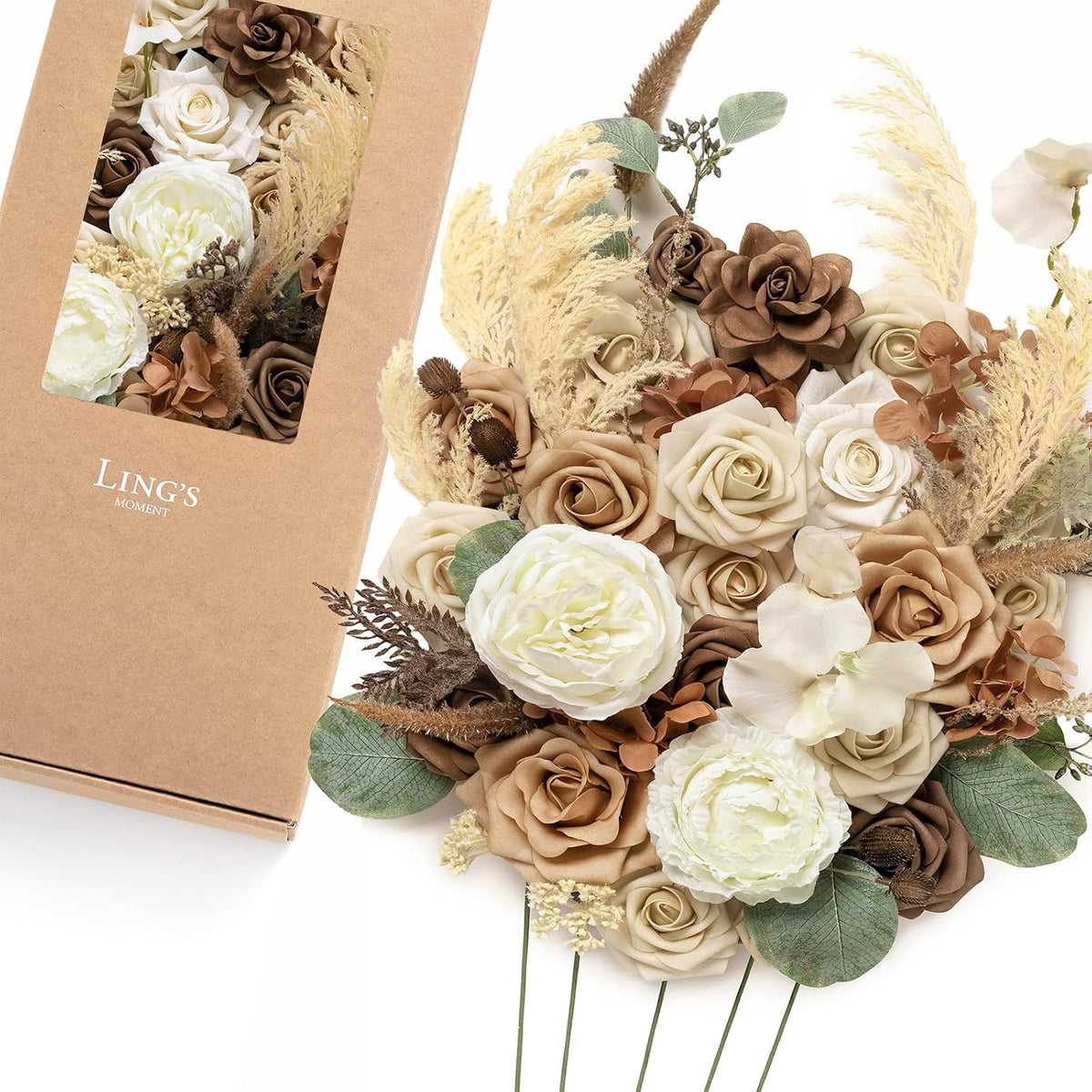 Ling's moment Fake Flowers Box, Faux Pampas Artificial Gardenia Foam Roses Silk Peony for Centerpieces Bouquet Wedding Floral Arrangements Bridal Shower Party, Earth Brown & Tawny Beige, Deluxe Combo