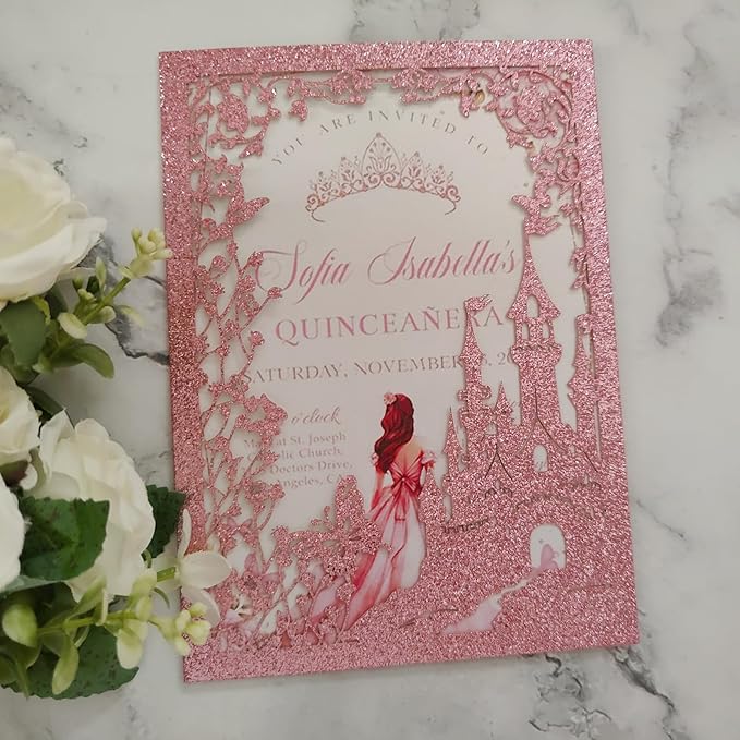 20PCS Castle Pocket Invitations, Quinceanera Invitations with Envelopes, Princess Invitation, Laser Cut quince invites (glitter pink)