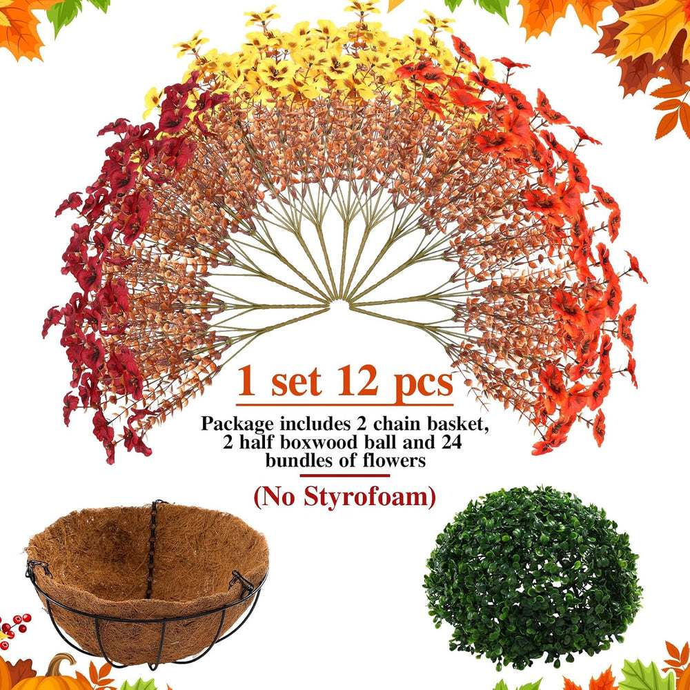 2 Set Fall Artificial Flower with Hanging Baskets for Autumn Outdoor Decor