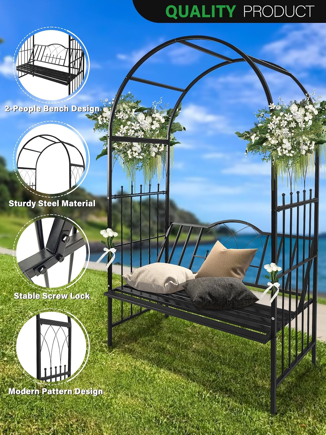 kalolary garden arbor with bench, metal garden arch, close-up detail